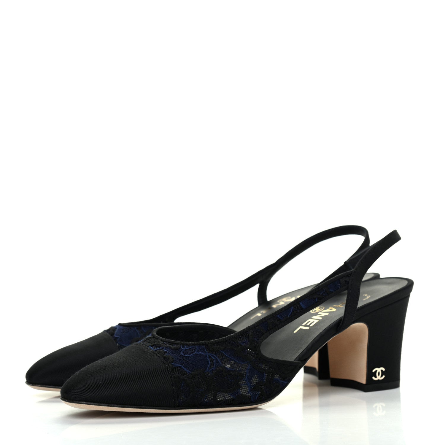 Chanel Lace Grosgrain Cap Toe CC Slingback Pumps 40 Navy Black 3 of 10