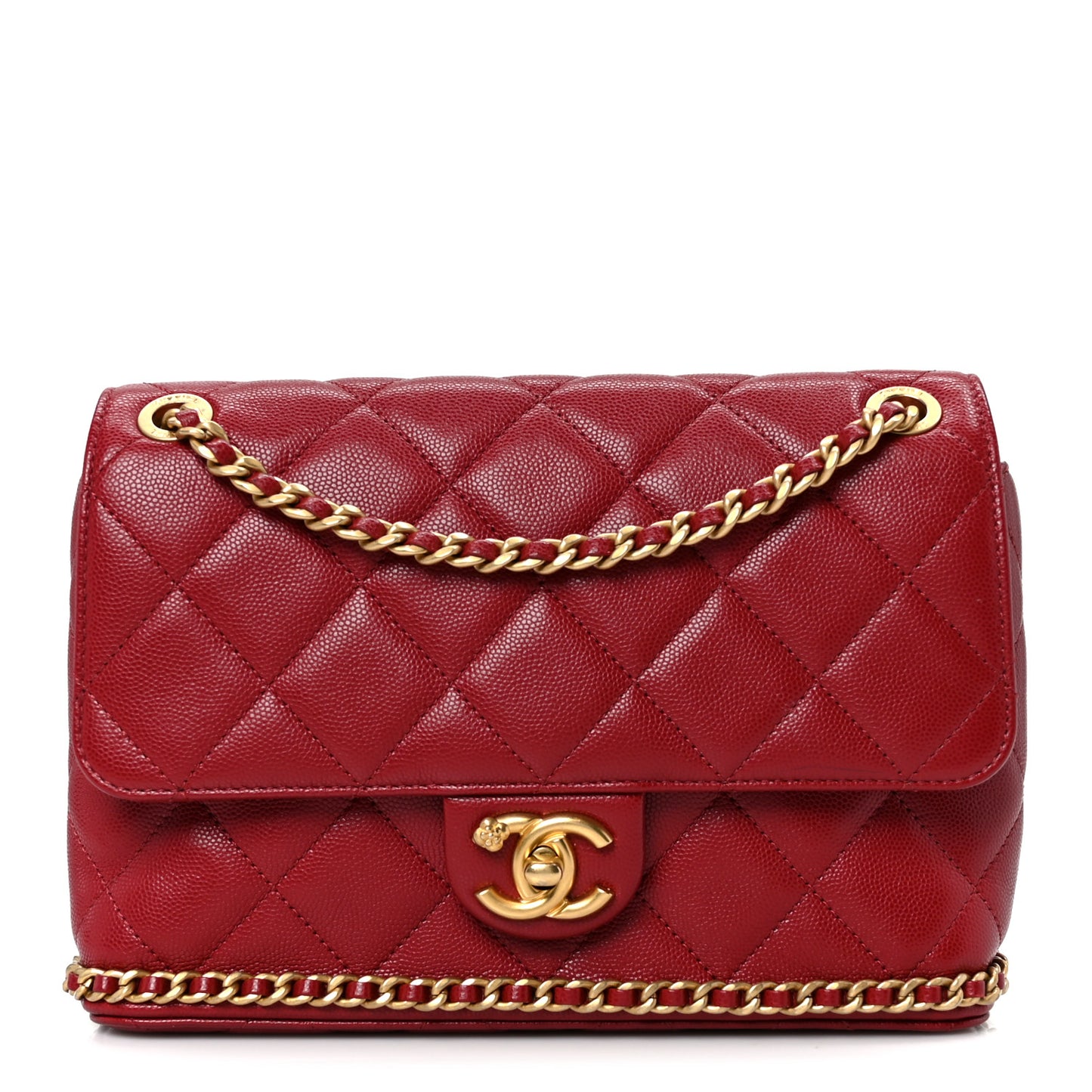Caviar Quilted Camellia Chain Around Flap Red