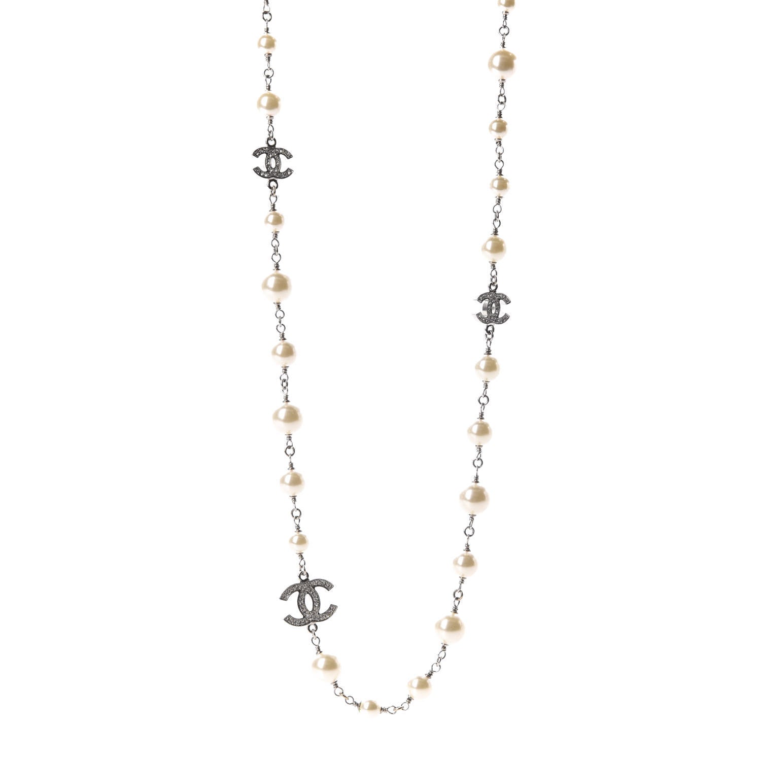 Chanel Crystal Pearl CC Long Necklace Silver 1 of 9