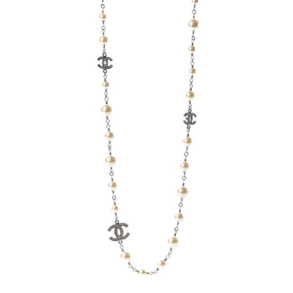 Chanel Crystal Pearl CC Long Necklace Silver 1 of 9