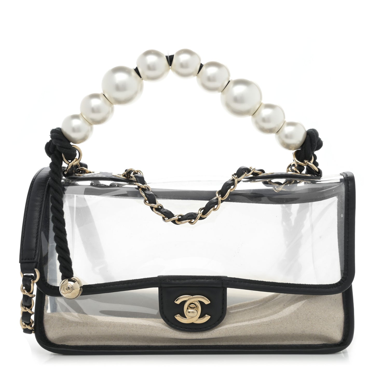 Lambskin PVC Sand By The Sea Flap With Pearl Strap Black