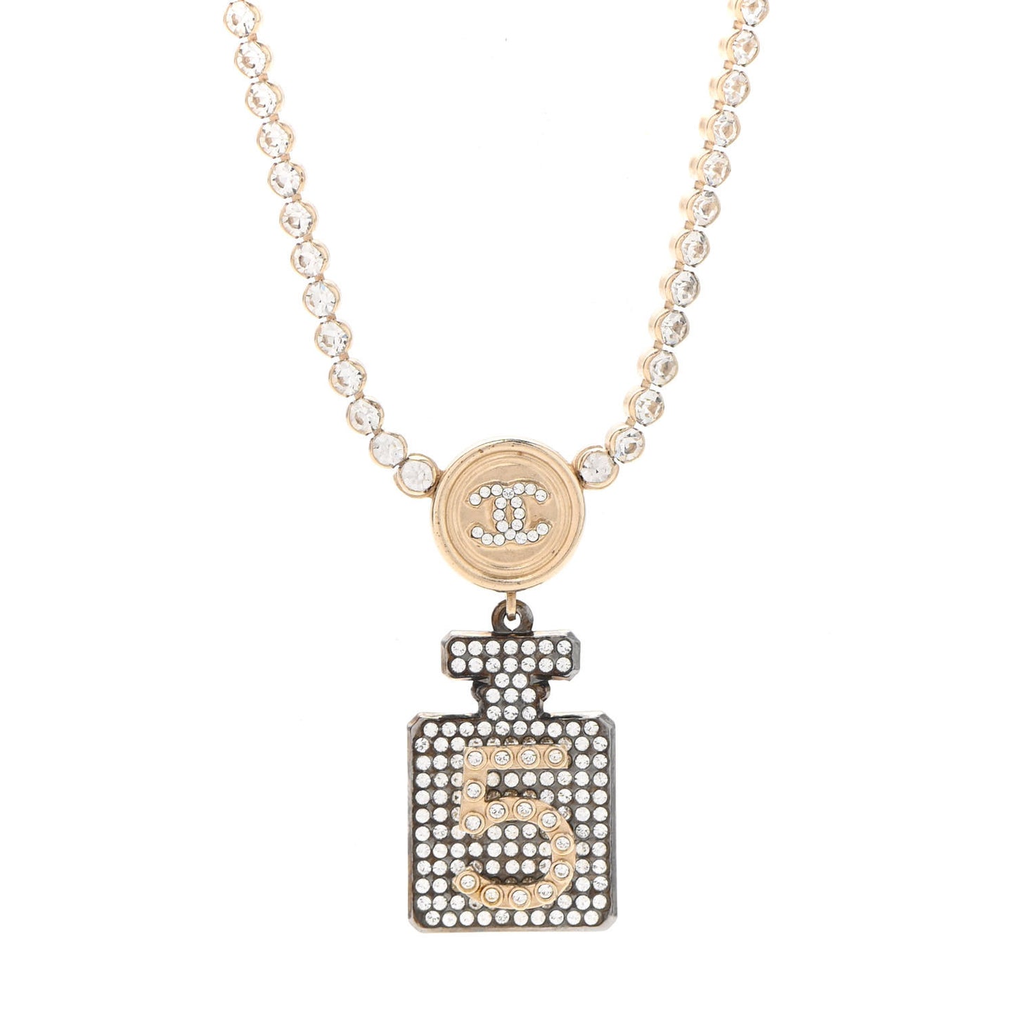 Crystal CC Perfume Bottle Necklace Gold