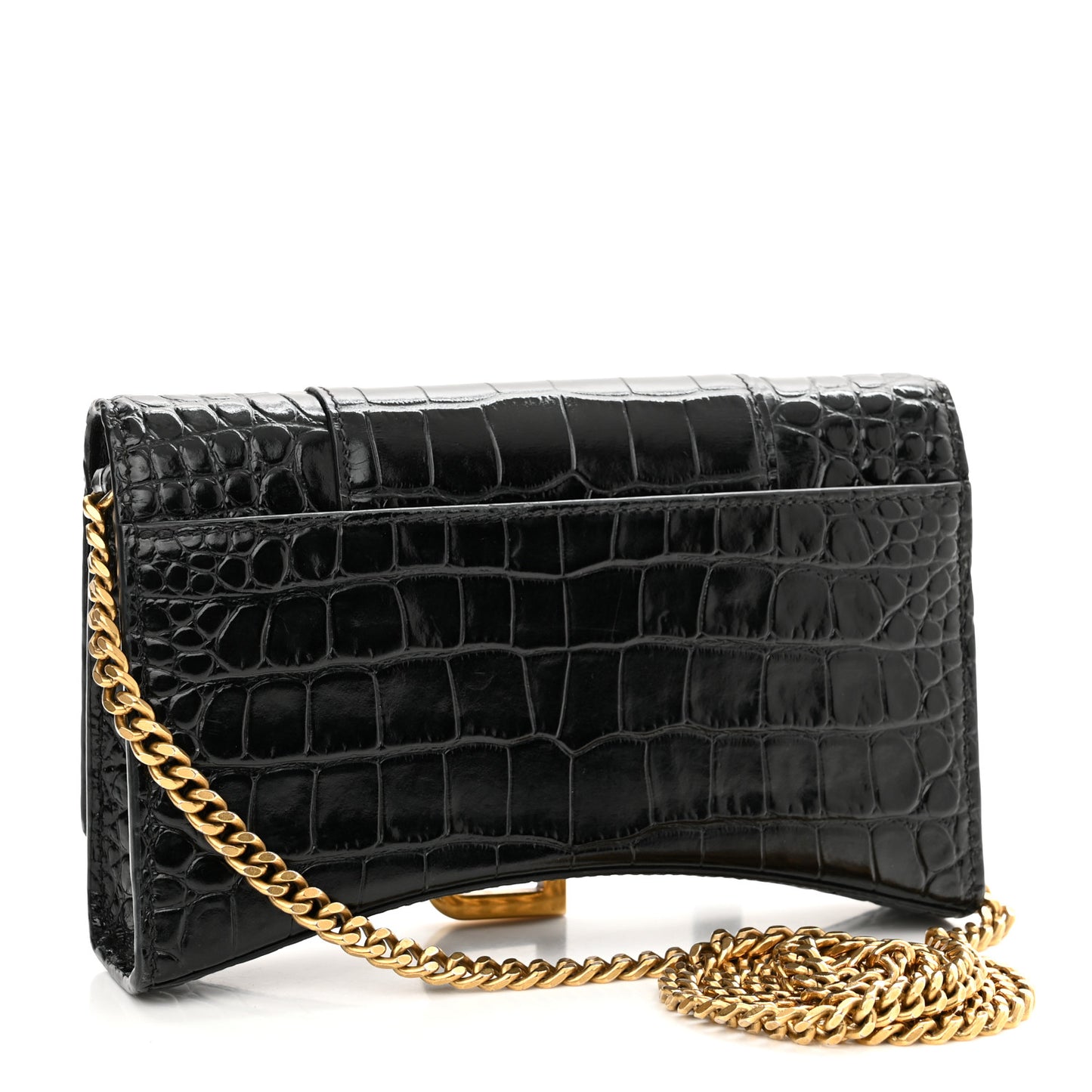 Shiny Calfskin Crocodile Embossed Hourglass Chain Bag Black