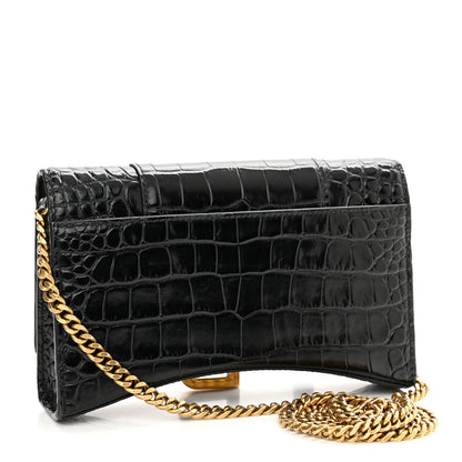Balenciaga Shiny Calfskin Crocodile Embossed Hourglass Chain Bag Black 3 of 11