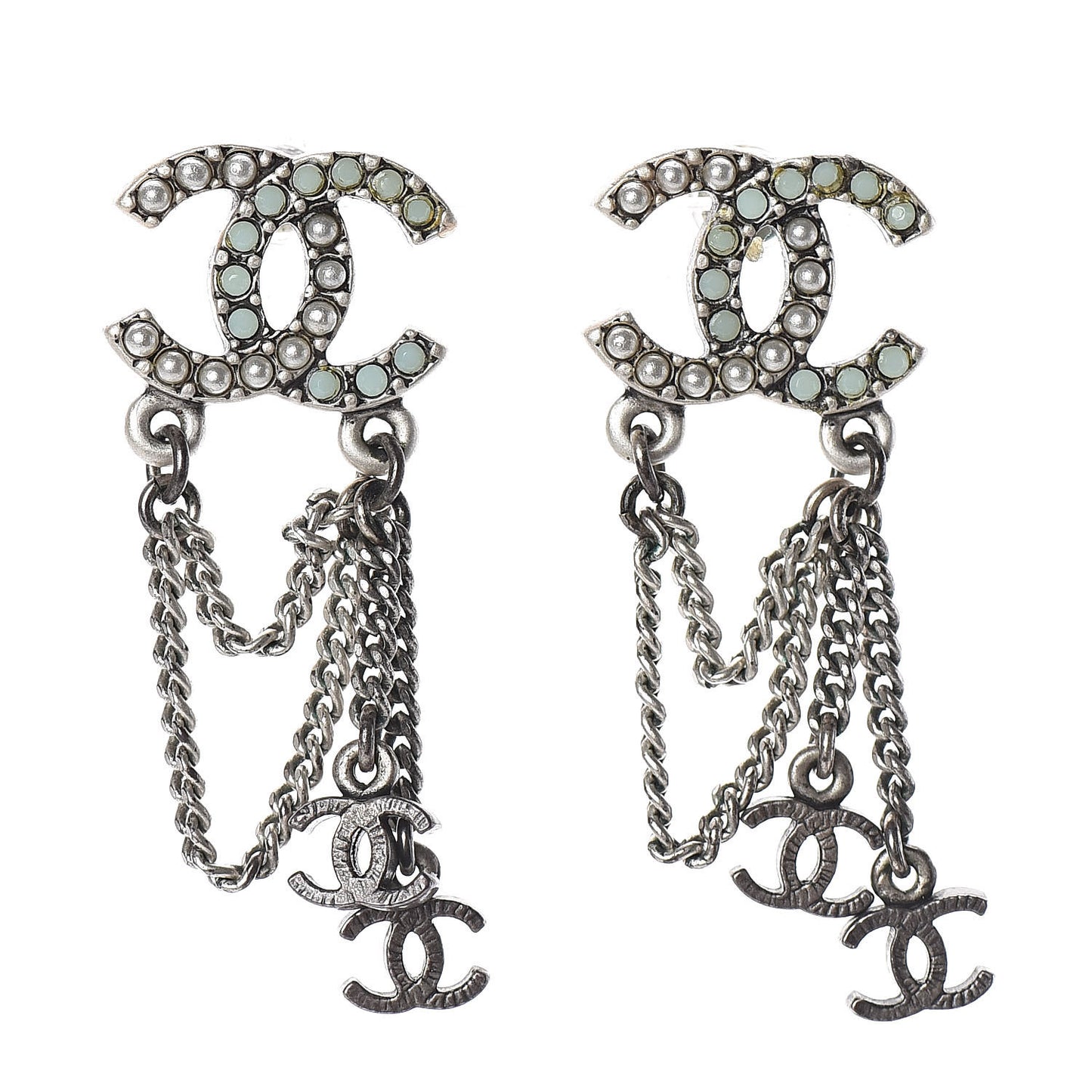 Ruthenium Pearl Chain CC Drop Earrings