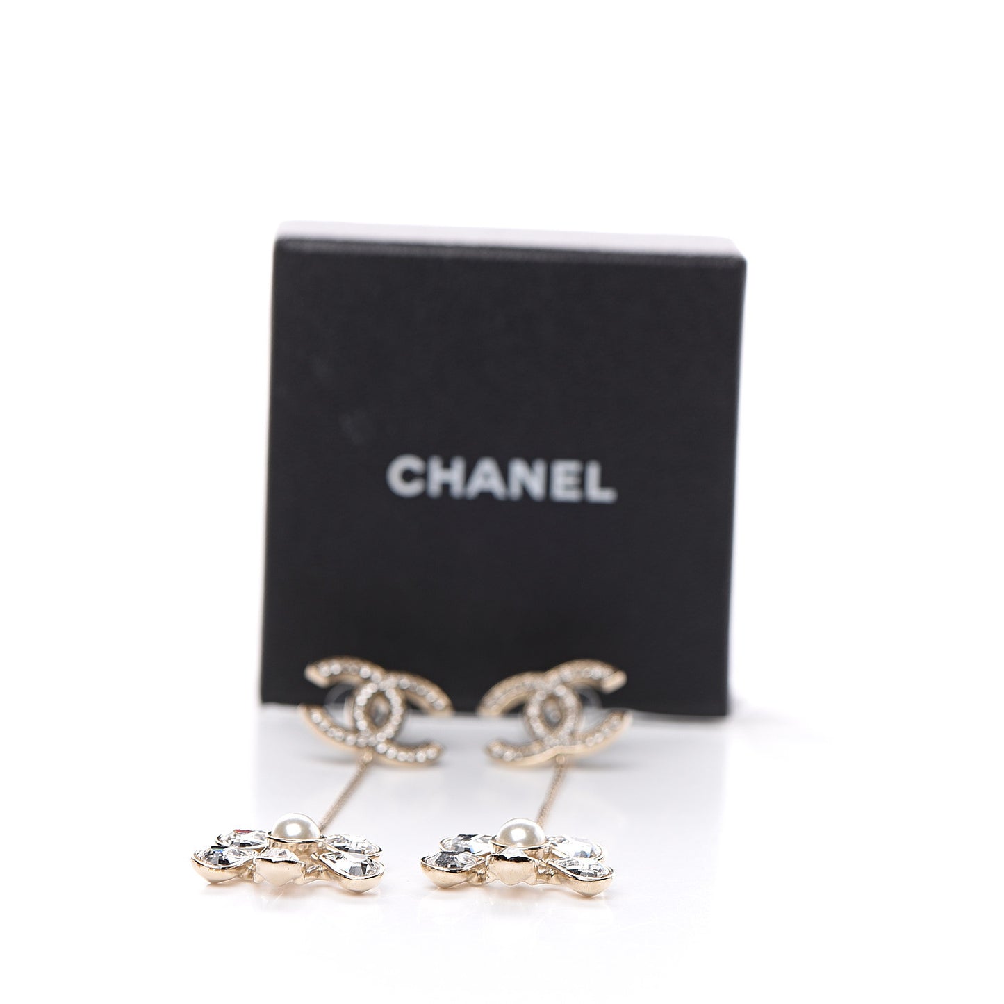 Pearl Crystal CC Drop Earrings Light Gold