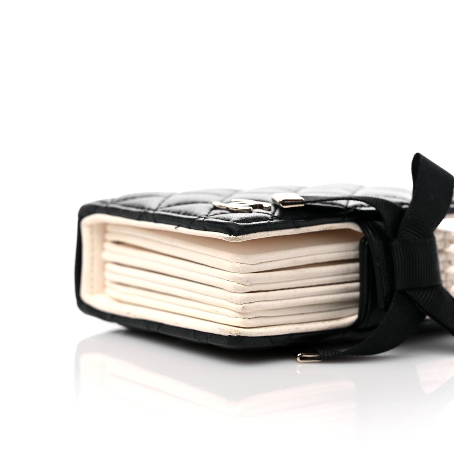 Lambskin Quilted Book Card Holder on Chain Black