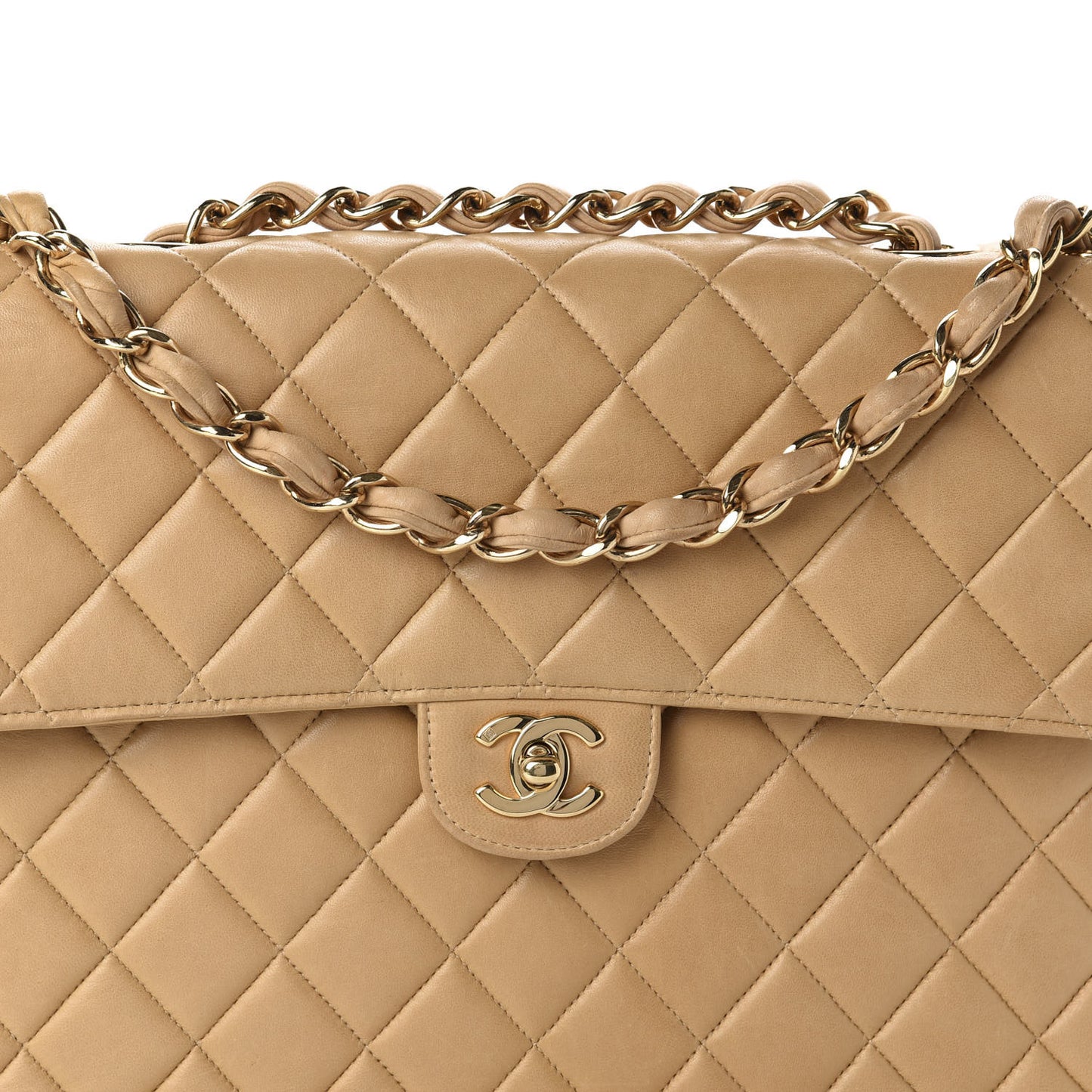 Lambskin Quilted Maxi Single Flap Beige
