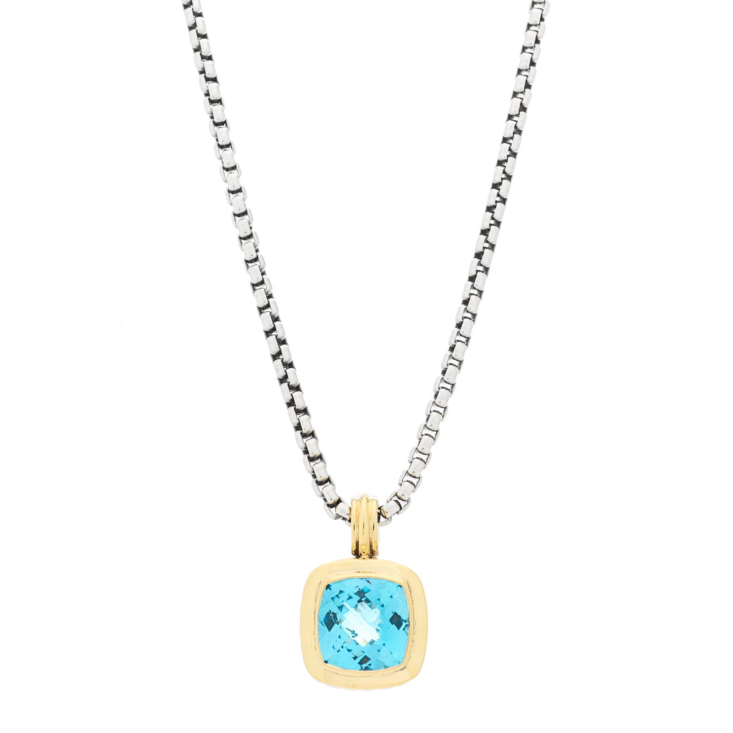Sterling Silver 18K Yellow Gold Blue Topaz 14mm Albion Pendant Box Chain Necklace