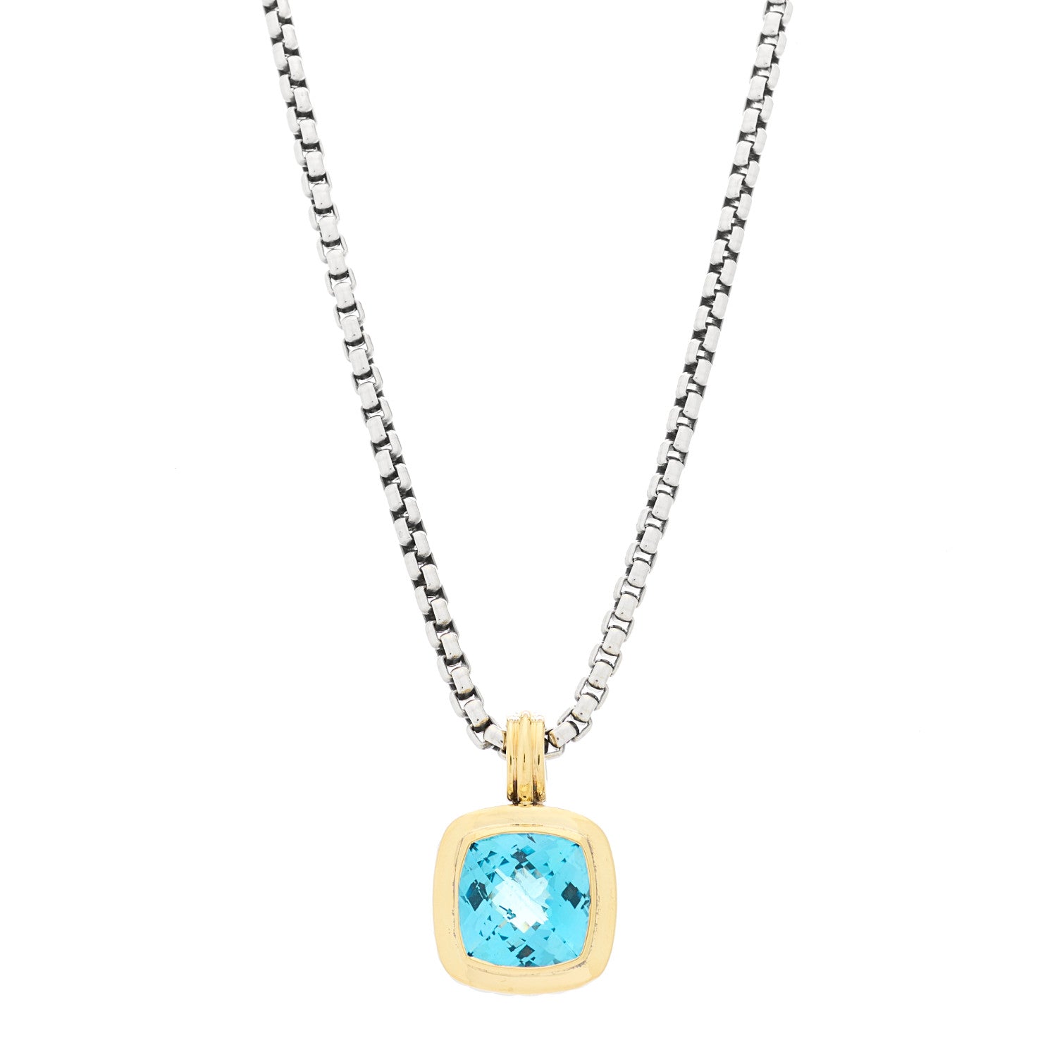 David Yurman Sterling Silver 18K Yellow Gold Blue Topaz 14mm Albion Pendant Box Chain Necklace 1 of 6