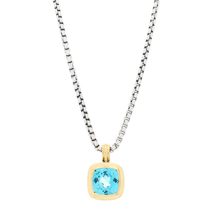 David Yurman Sterling Silver 18K Yellow Gold Blue Topaz 14mm Albion Pendant Box Chain Necklace 1 of 6