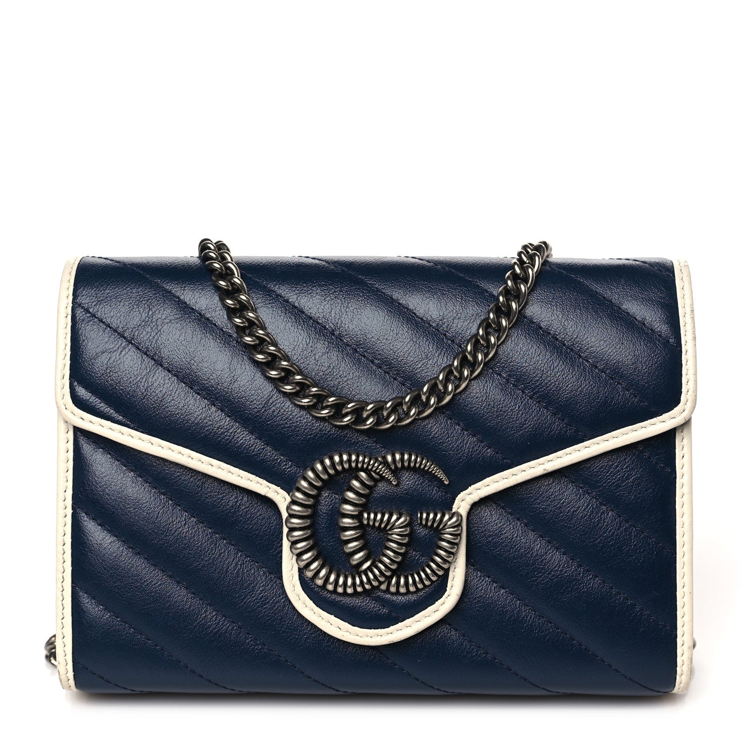 Gucci Vintage Effect Calfskin Matelasse Diagonal Torchon GG Marmont Chain Wallet Blue Agata Mystic White 1 of 10