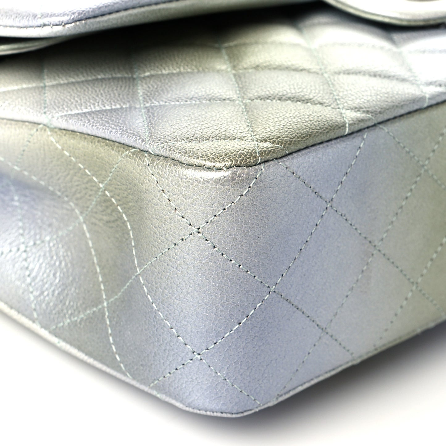 Metallic Goatskin Quilted Ombre Medium Double Flap Grey Green