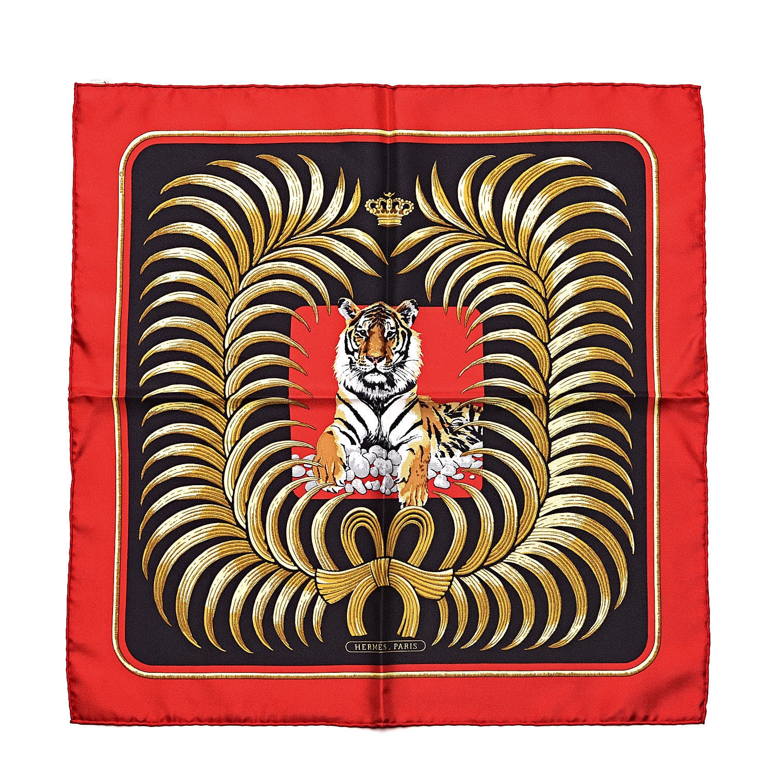 Hermes Silk Tigre Royal Pocket Square Rouge Noir Or 1 of 4