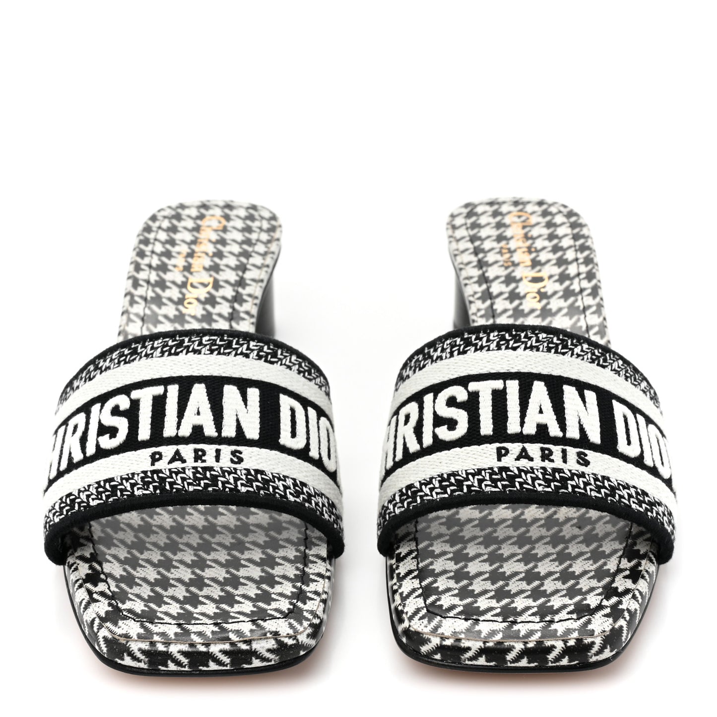 Canvas Embroidered Micro Houndstooth Dway 40mm Slide Sandals 36 Black White