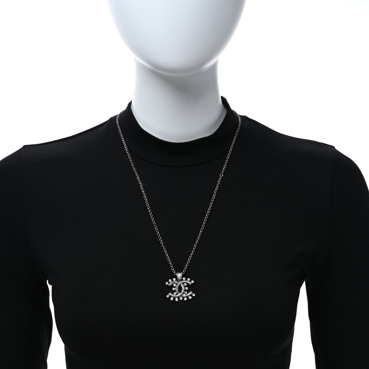 Chanel Crystal CC Pendant Necklace Silver 2 of 5