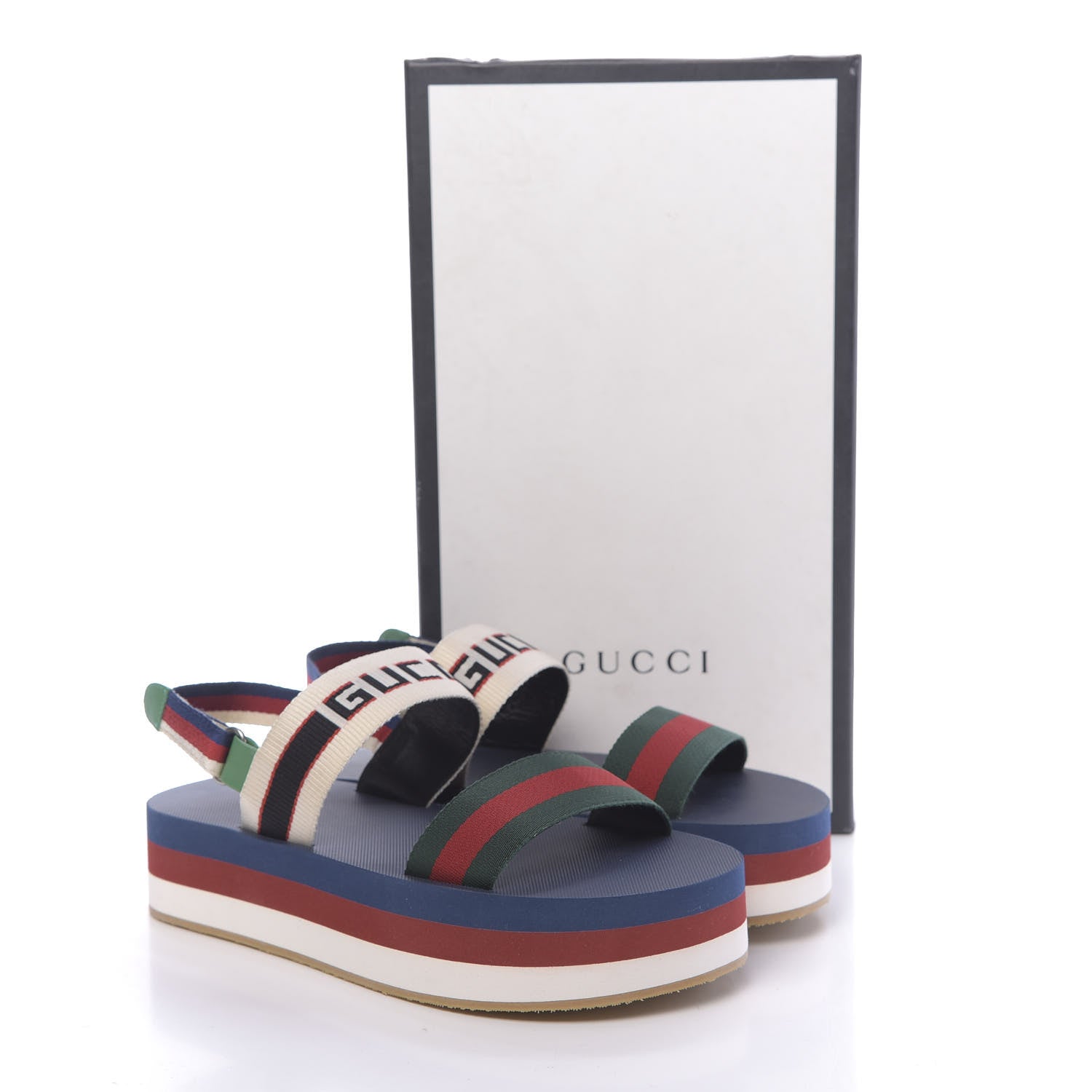 Gucci Nylon Stripe Logo Sylvie Web Platform Slingback Sandals 41 Green Red Ecru 8 of 8