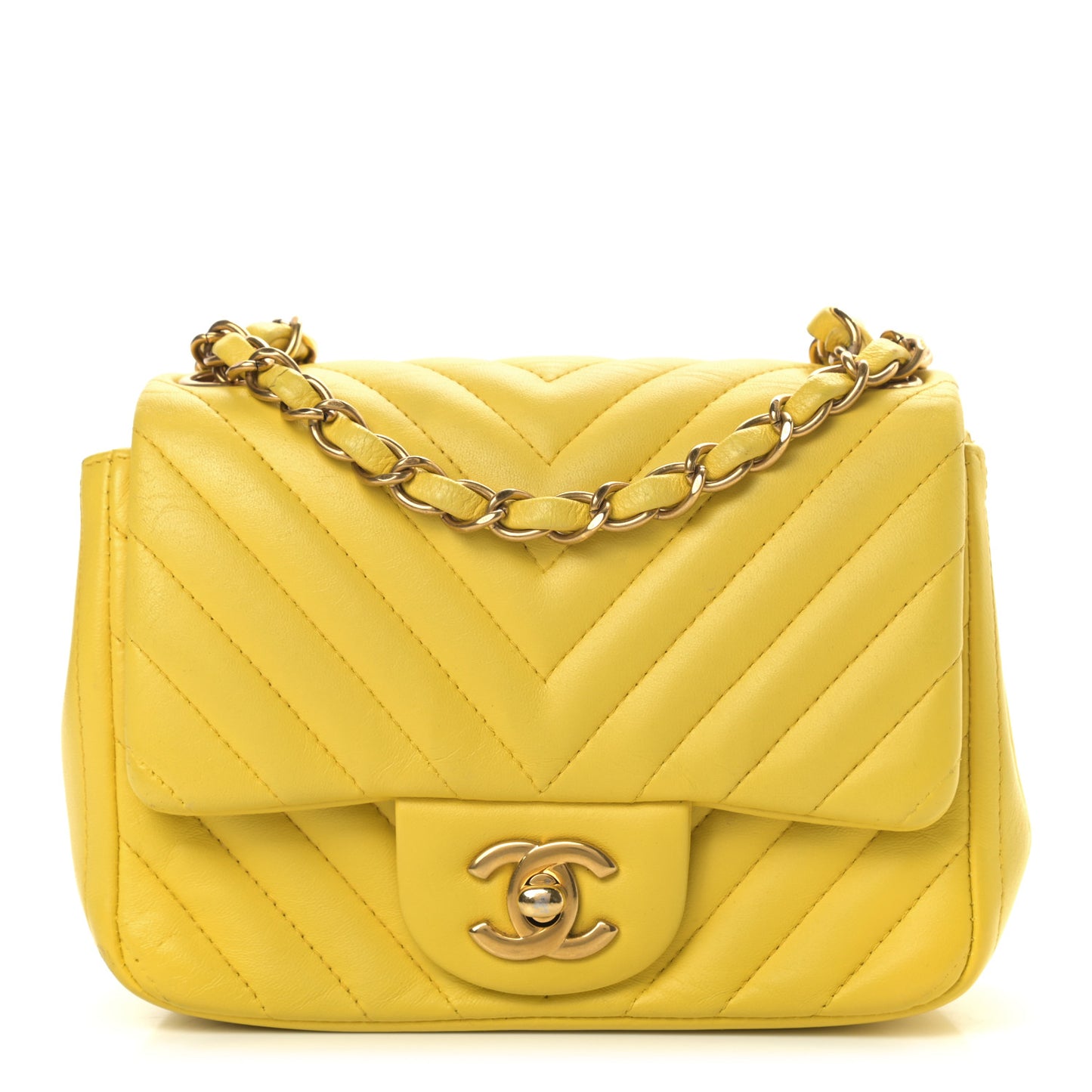Lambskin Chevron Quilted Mini Square Flap Yellow