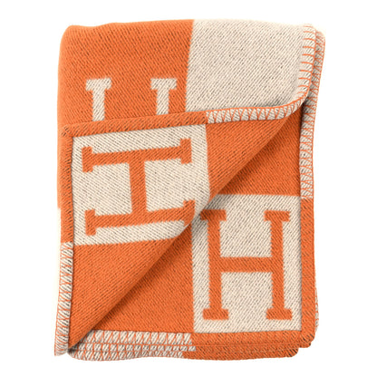 Hermes Wool Cashmere Signature Classic Avalon Blanket Ecru Potiron 2 of 3