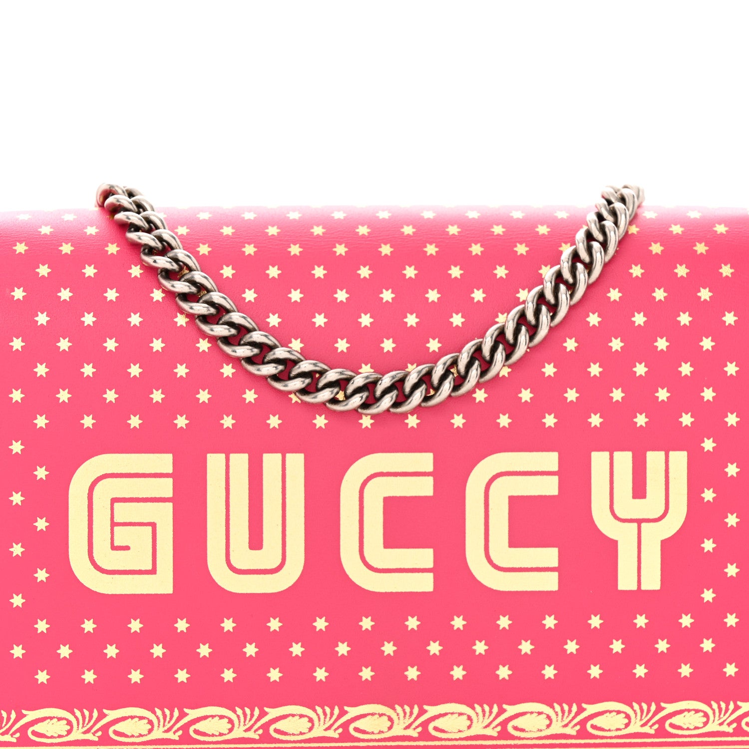 Gucci X SEGA Calfskin GUCCY Stars Chain Wallet Violet Fuxia Gold 9 of 17