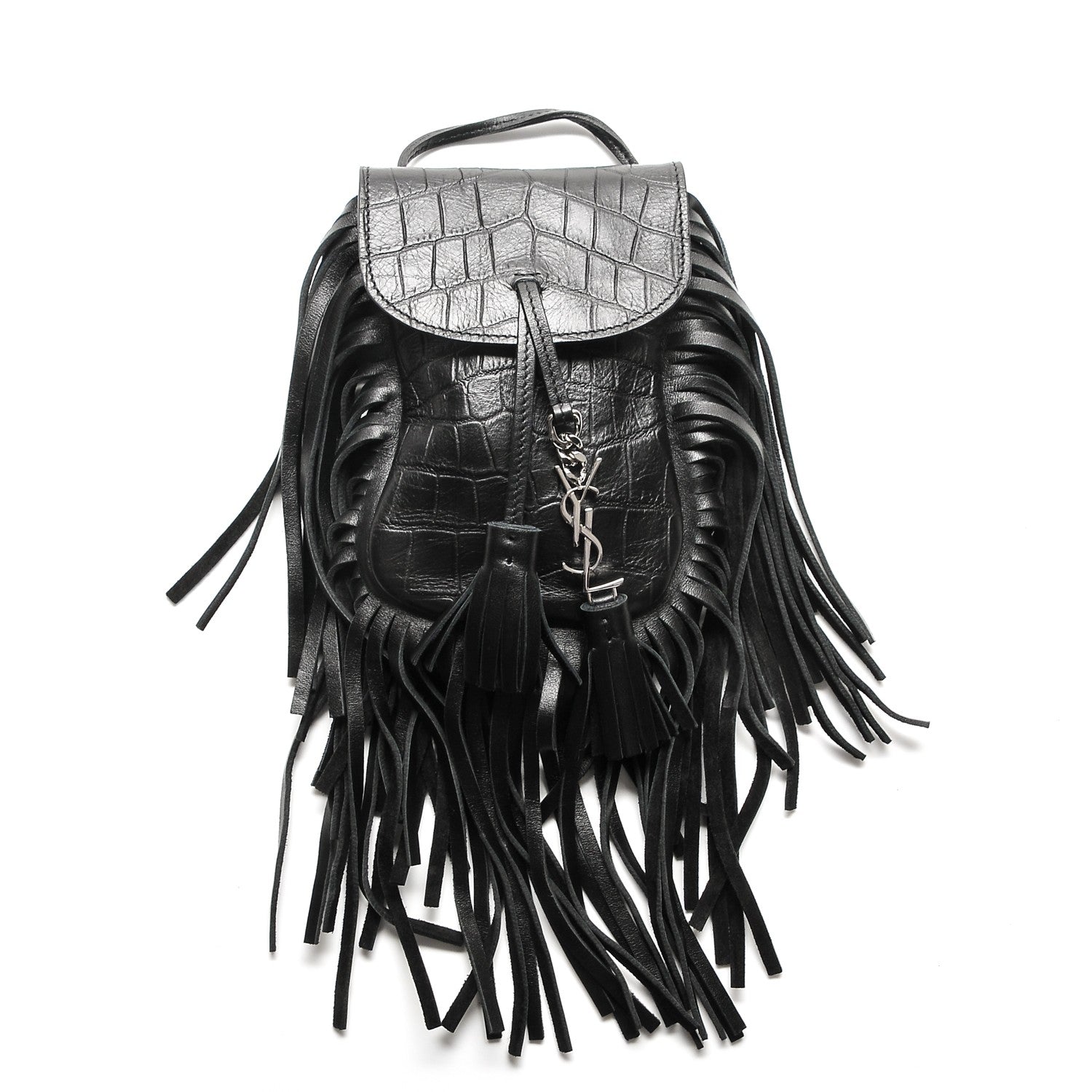 Saint Laurent Calfskin Crocodile Embossed Fringe Toy Monogram Anita Crossbody Bag Black 1 of 6