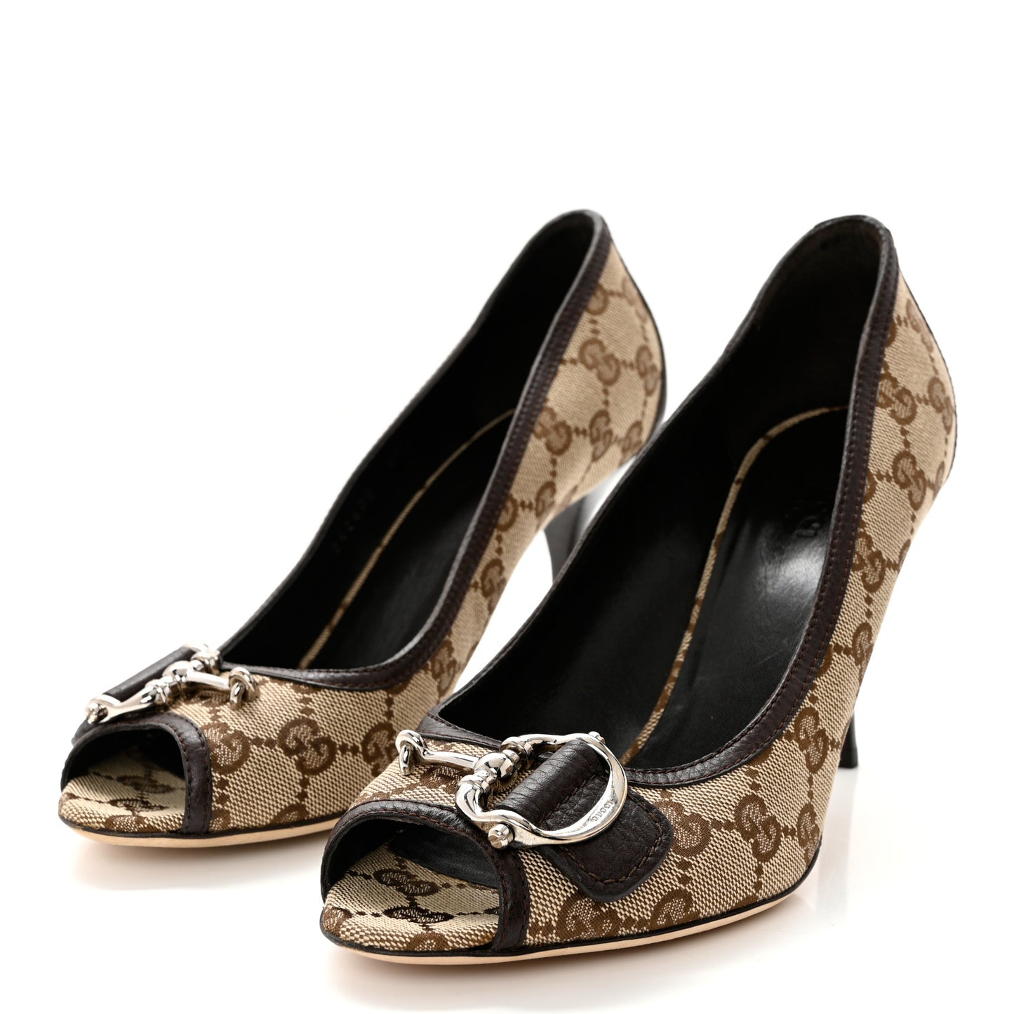 Monogram Horsebit Horsebit Open Toe Pumps 39 Brown