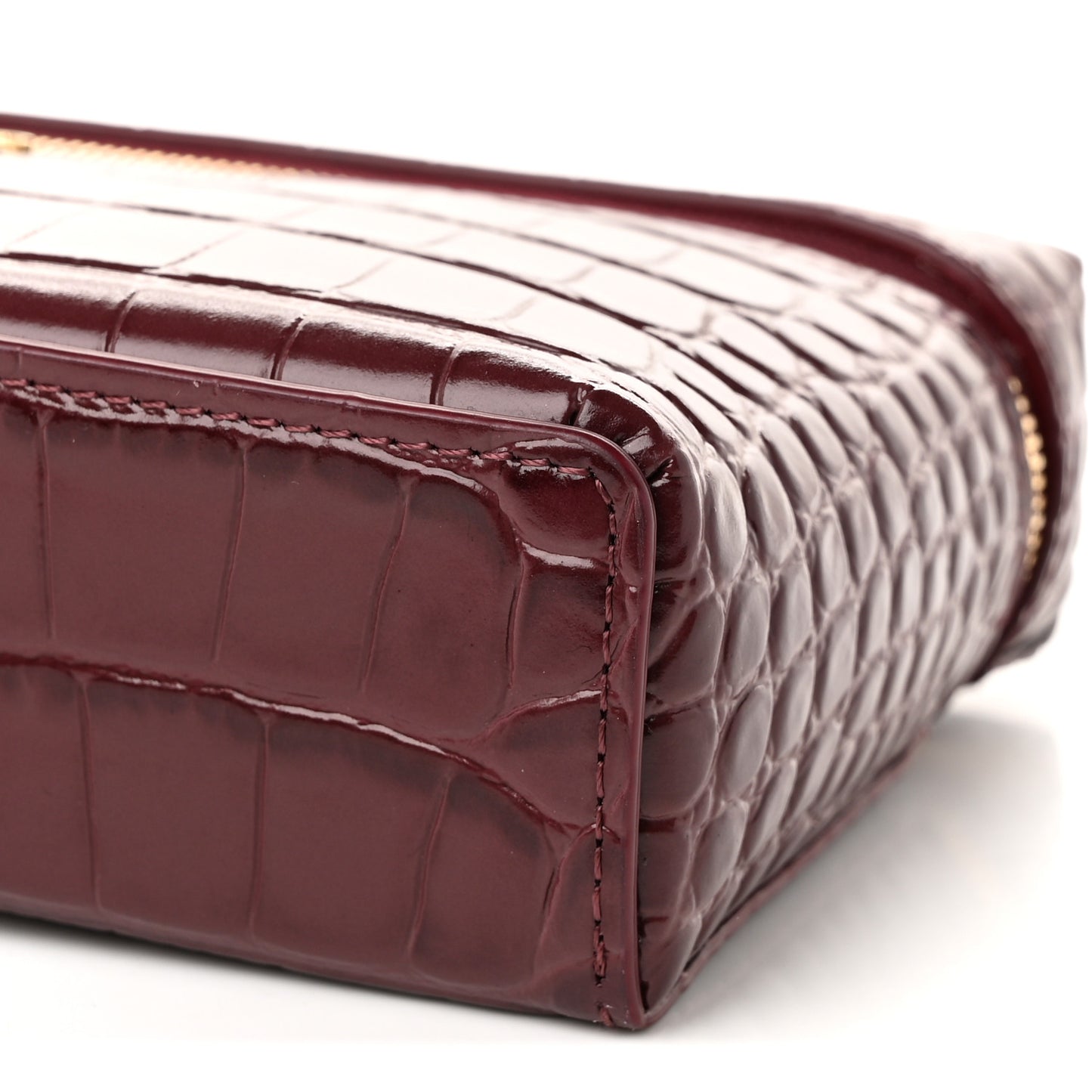 Calfskin Crocodile Embossed Top Handle Slim Vanity With Chain Dark Burgundy