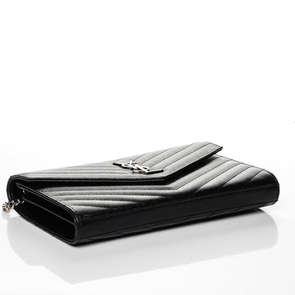 Saint Laurent Grain De Poudre Matelasse Chevron Monogram Chain Wallet Black 4 of 9
