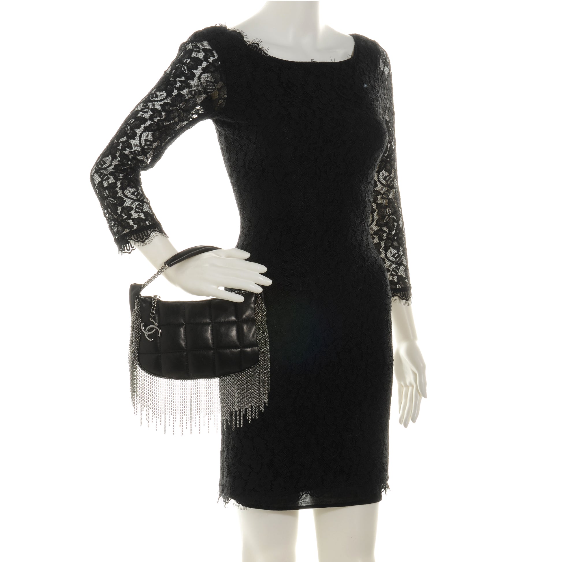 Chanel Lambskin Square Quilted Chain Fringe Pochette Black 2 of 8