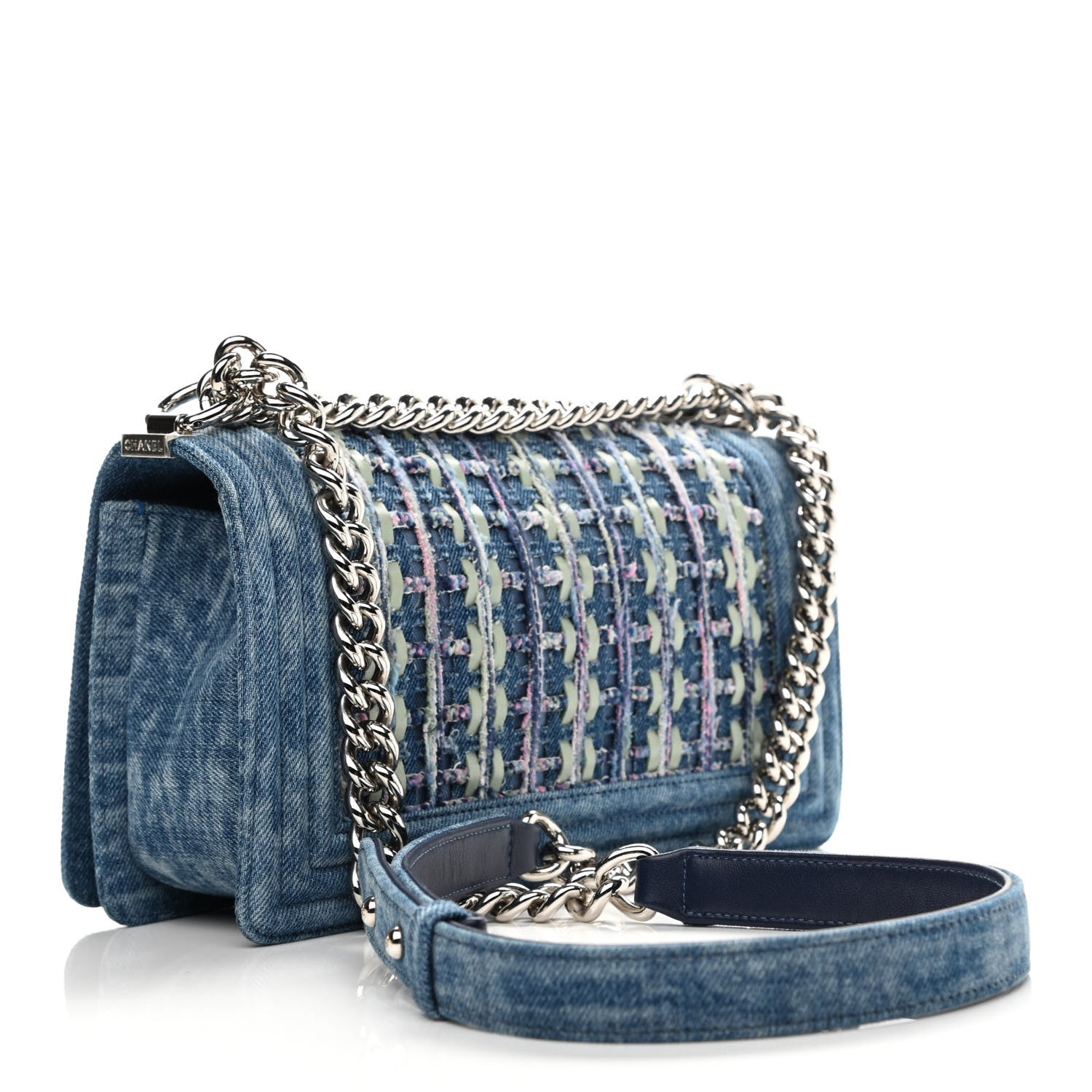 Chanel Cotton Tweed Denim Medium Boy Flap Light Green Light Blue 4 of 19