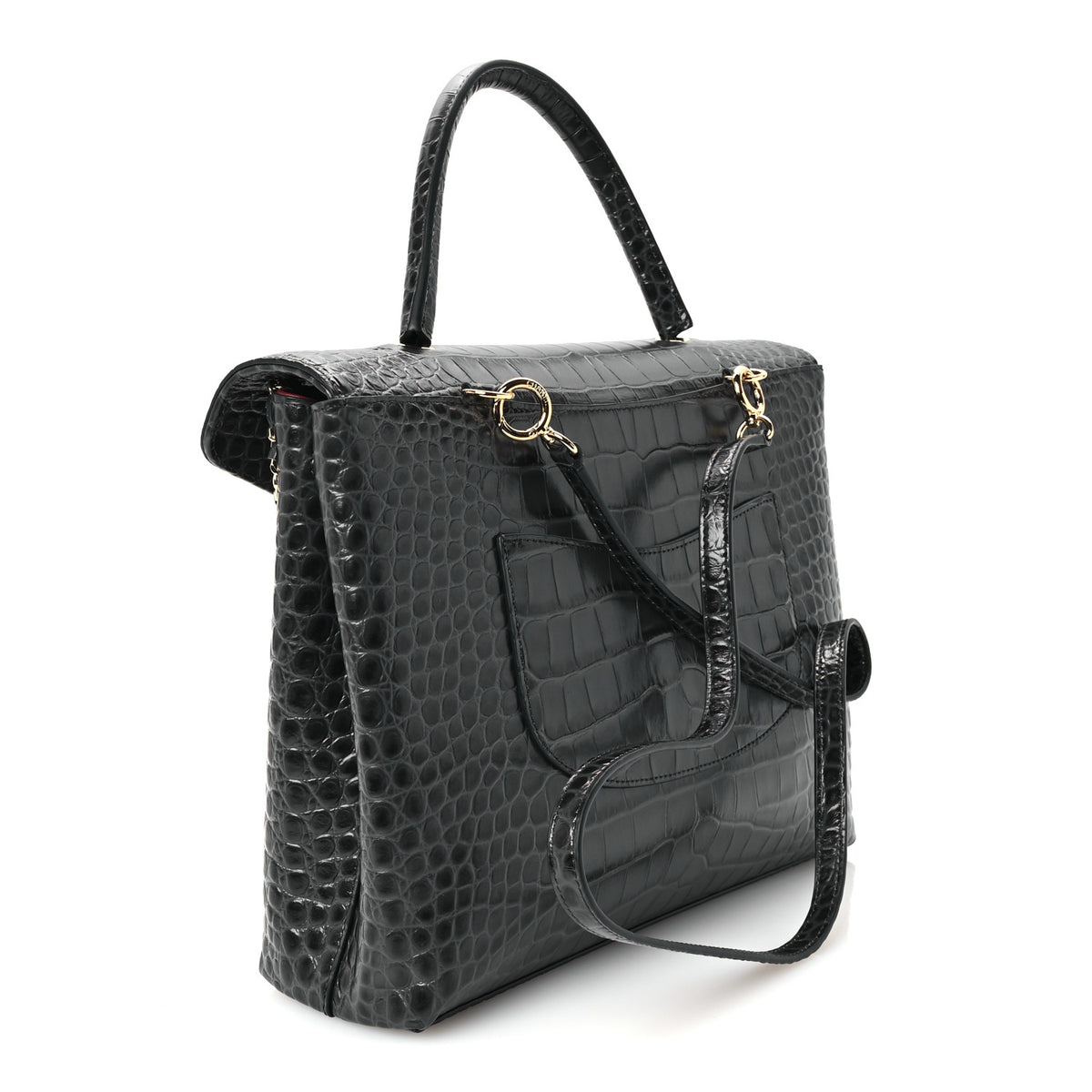 Calfskin Crocodile Embossed Fifth Avenue Maxi Flap Top Handle Bag Dark Grey