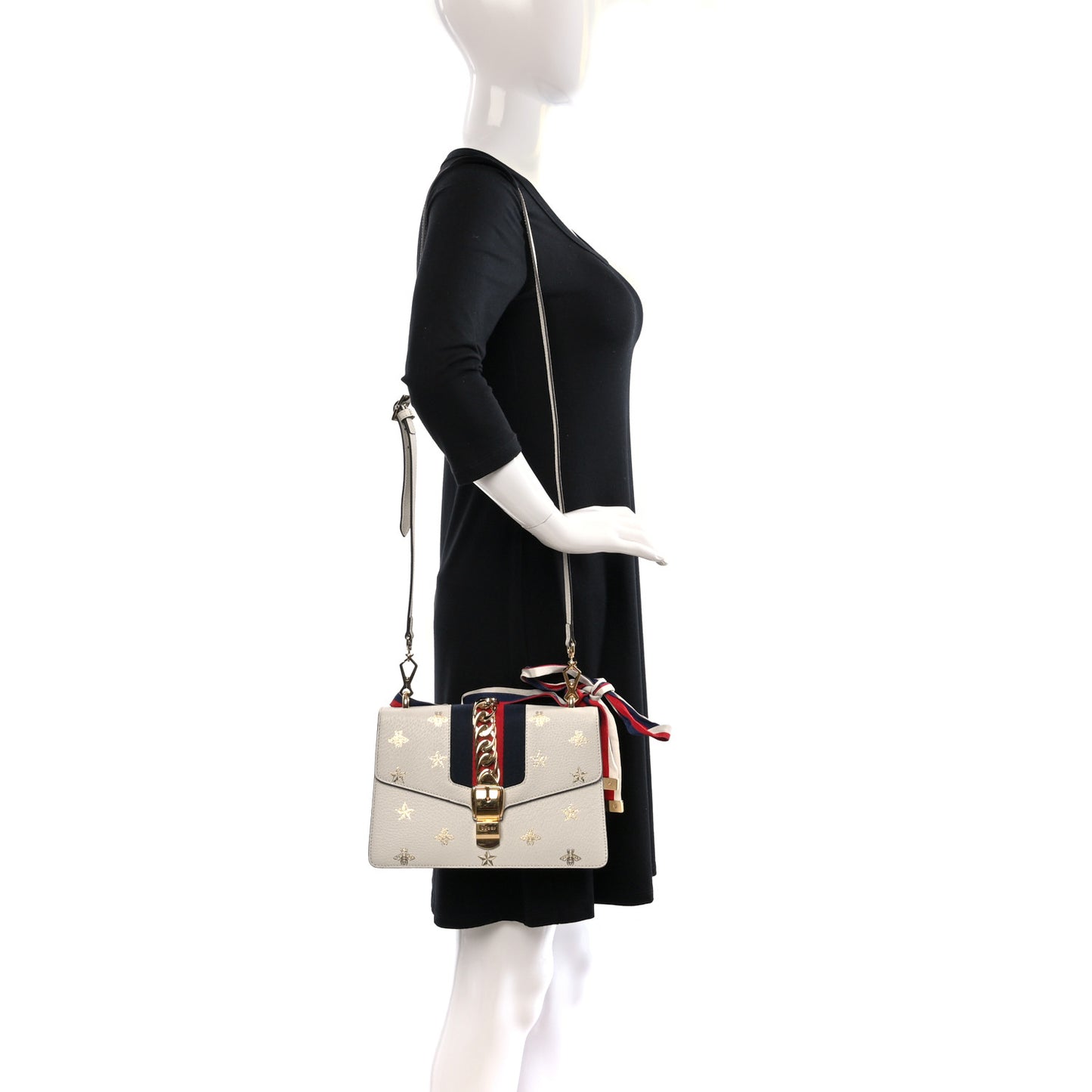 Textured Calfskin Bee Star Print Small Sylvie Shoulder Bag Mystic White