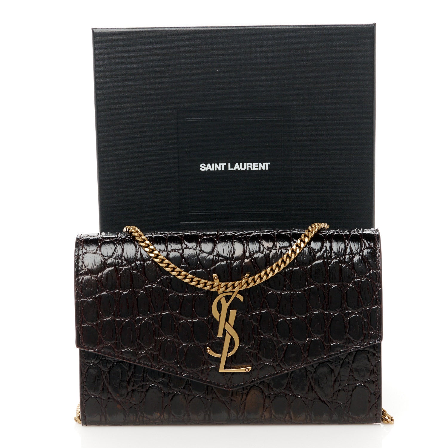 Saint Laurent Calfskin Crocodile Embossed Monogram Uptown Chain Wallet Fondente 11 of 11