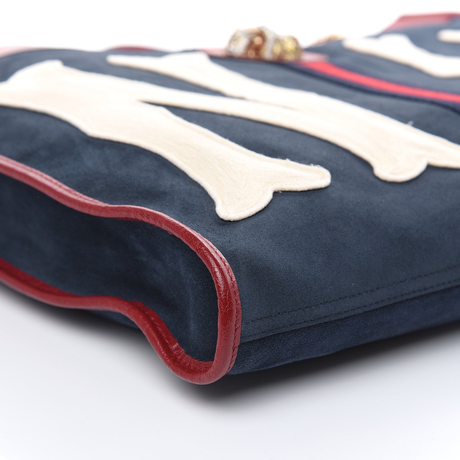 Gucci X MLB Suede Calfskin NY Yankees Large Rajah Chain Tote New Blue Romantic Cherry 9 of 12