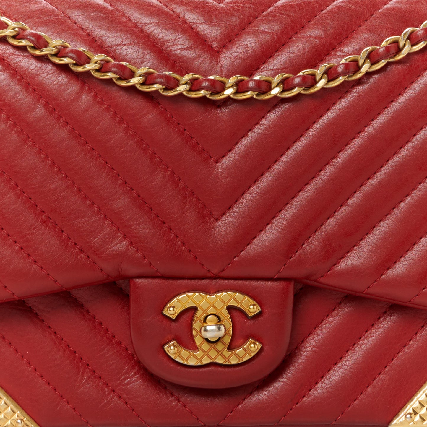 Calfskin Chevron Quilted Mini Rock The Corner Flap Red