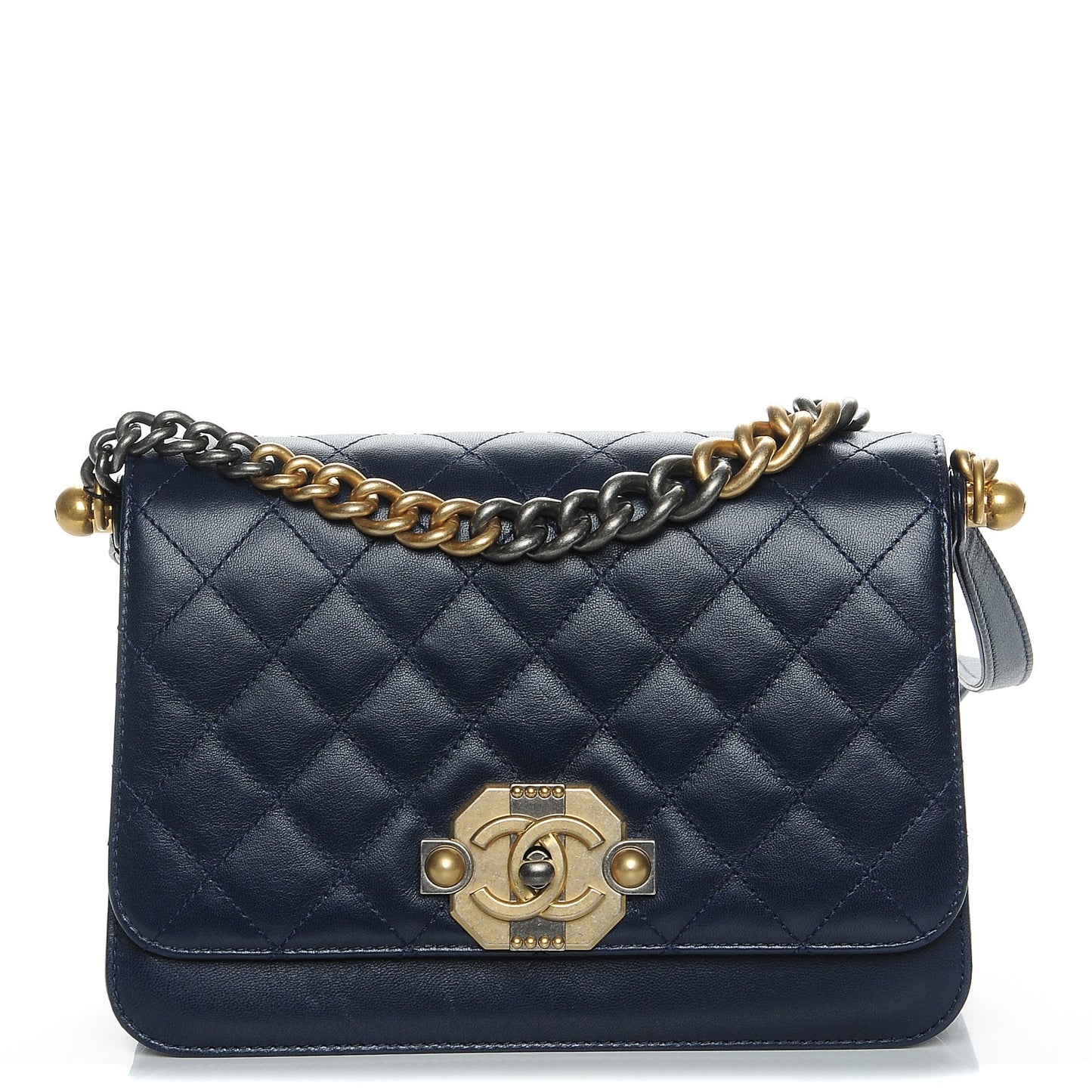 Lambskin Quilted Gold Metal Lock Flap Navy
