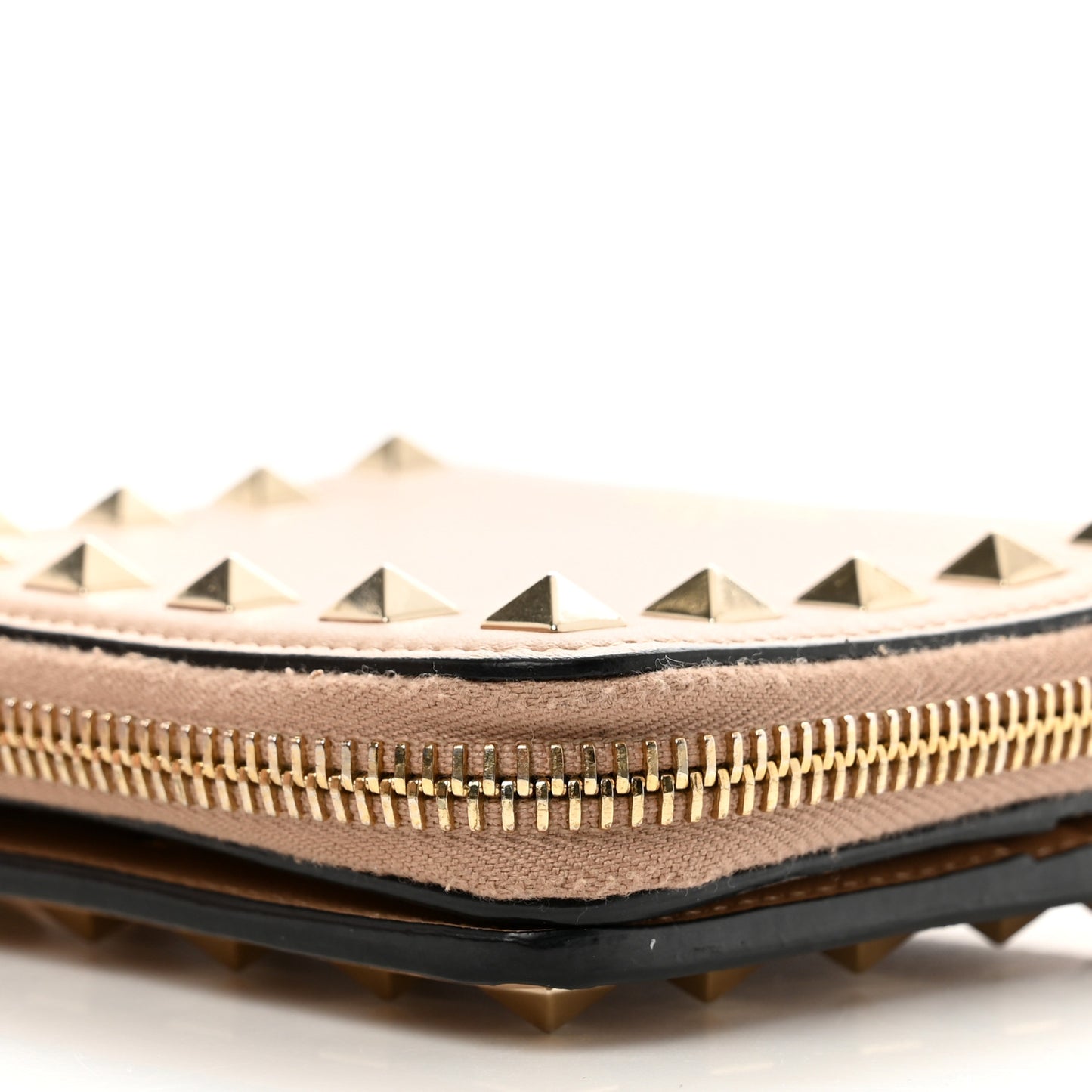 Calfskin Rockstud Compact Zip Around Wallet Camel Rose