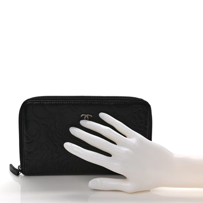 Chanel Lambskin Camellia Embossed Zip Around Organizer Wallet Black 2 of 7