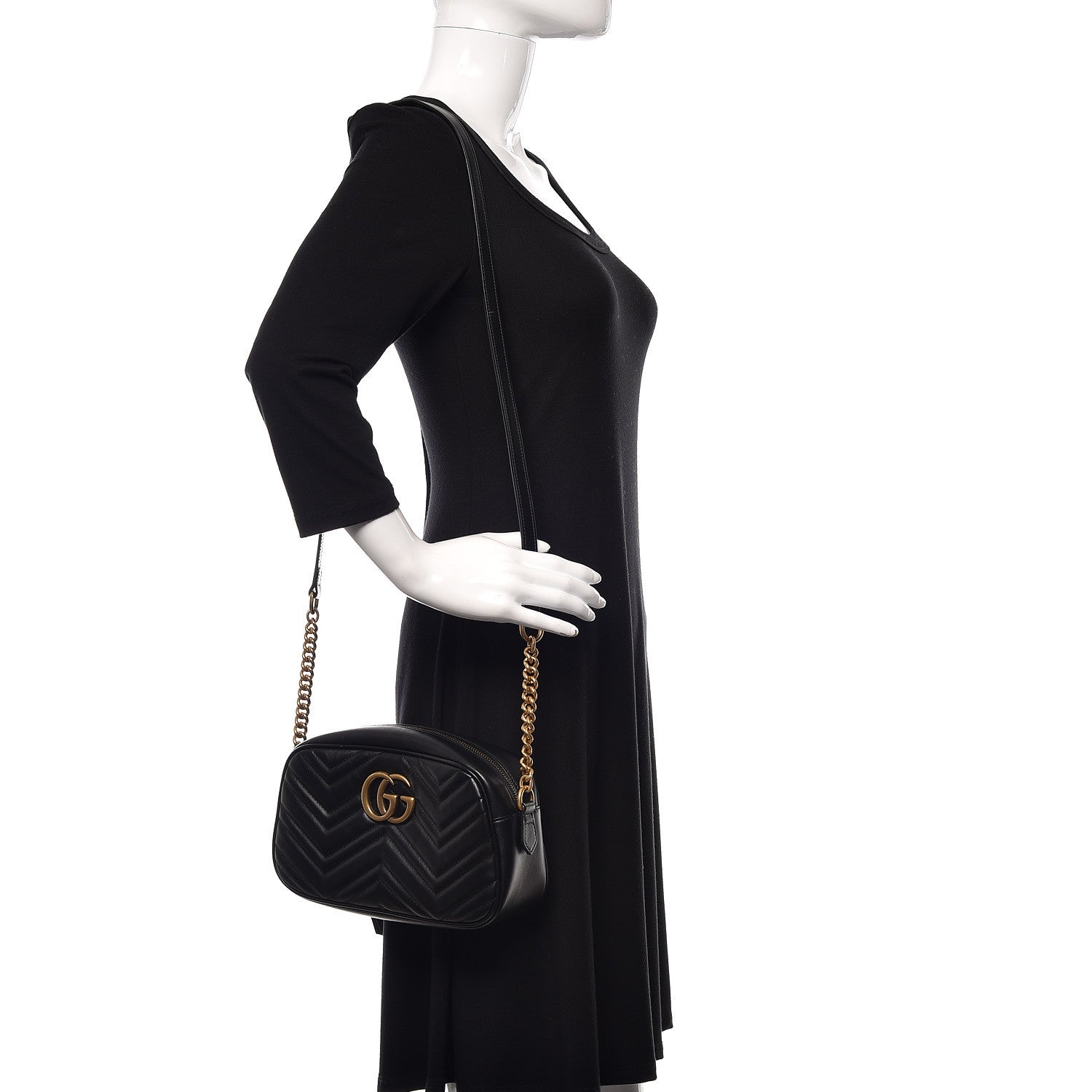 Gucci Calfskin Matelasse Small GG Marmont Chain Shoulder Bag Black 2 of 12