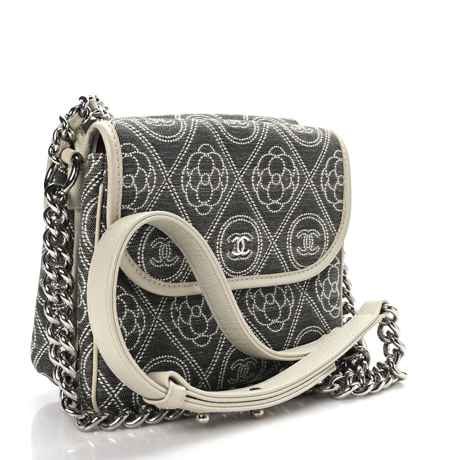 Chanel Fabric Camellia Printed Grained Calfskin Messenger Bag Black White 3 of 10