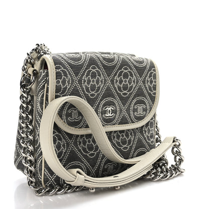 Chanel Fabric Camellia Printed Grained Calfskin Messenger Bag Black White 3 of 10