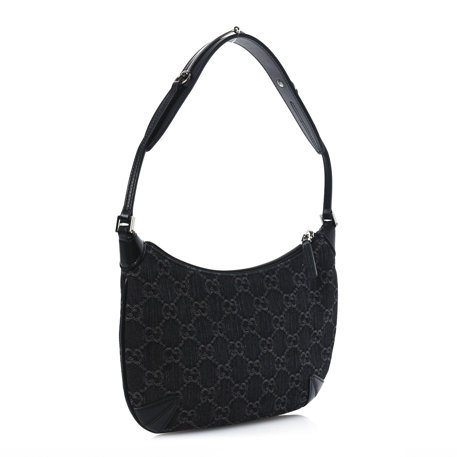 Gucci Jacquard Black Denim GG Monogram Horsebit Slim Small Shoulder Bag Black Grey 4 of 12