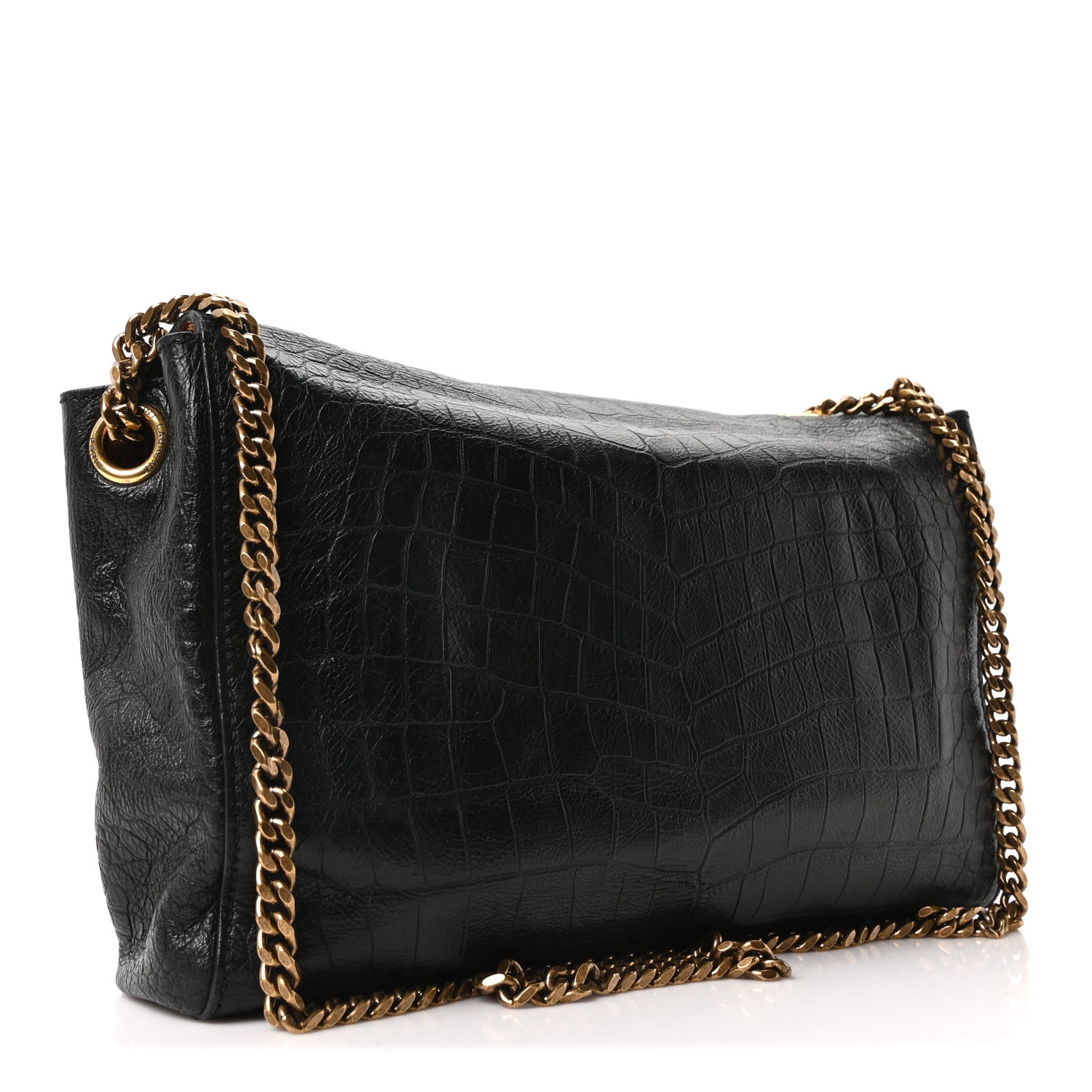 Saint Laurent Calfskin Crocodile Embossed Suede Medium Reversible Monogram Kate Satchel Military Taupe 3 of 10