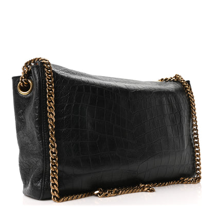 Saint Laurent Calfskin Crocodile Embossed Suede Medium Reversible Monogram Kate Satchel Military Taupe 3 of 10