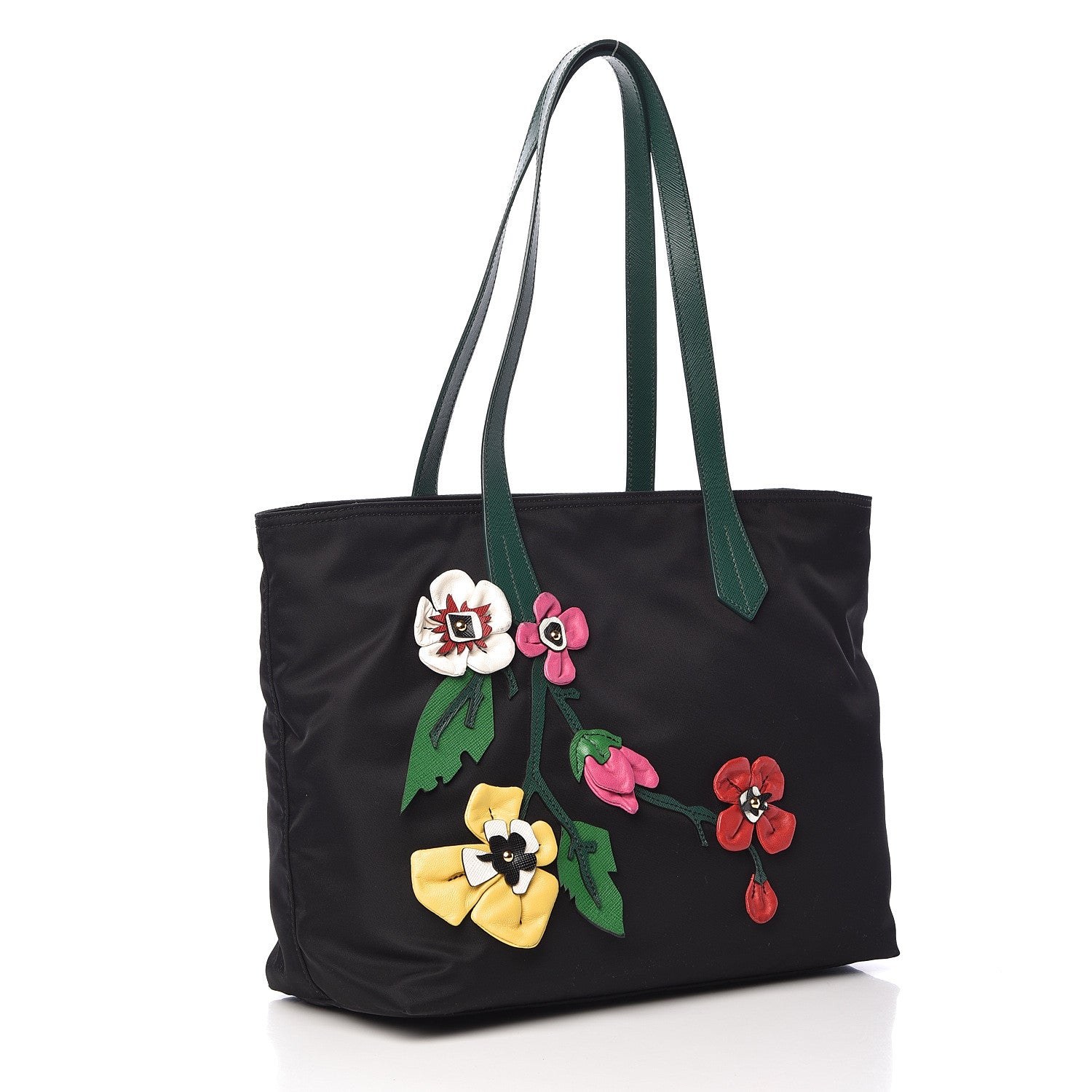 Prada Nylon Tessuto Flower Medium Shopping Tote Bag Black 496157