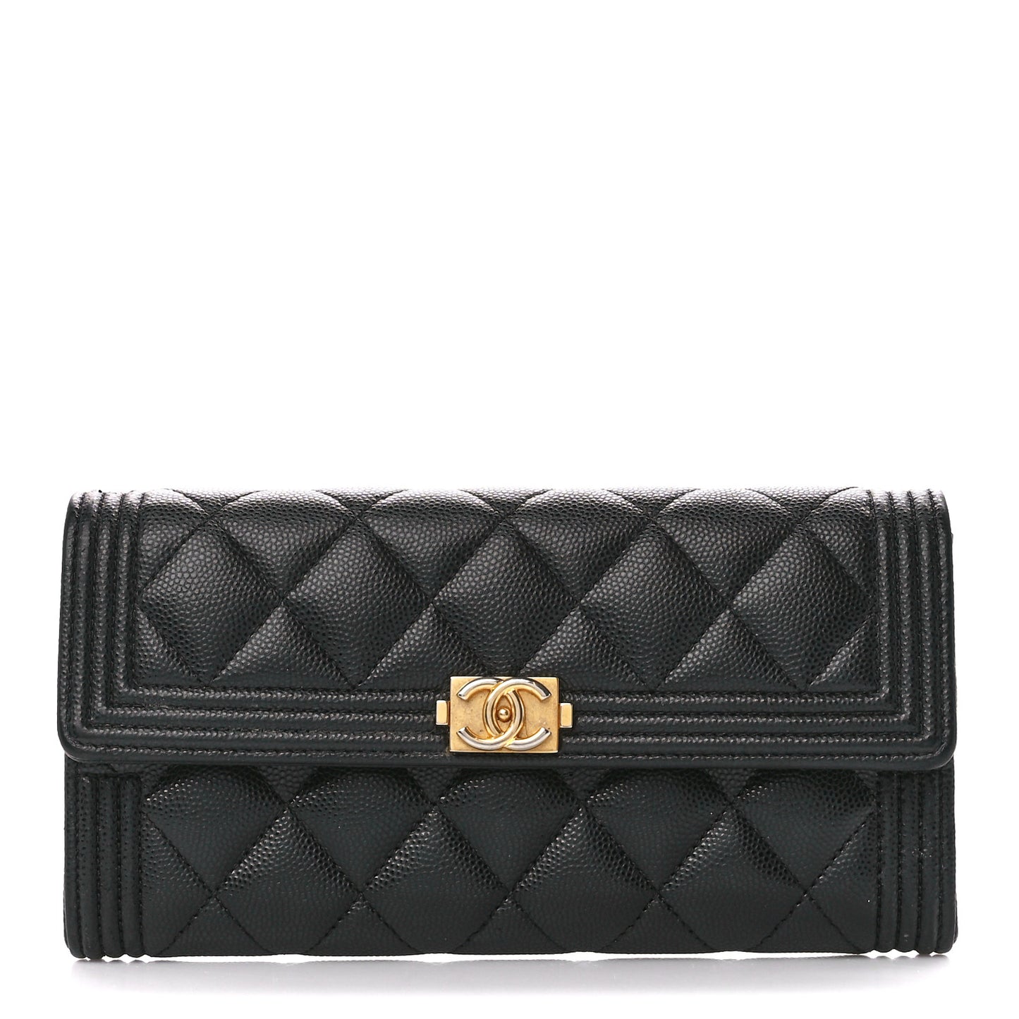 Caviar Quilted Large Boy Gusset Flap Wallet Black