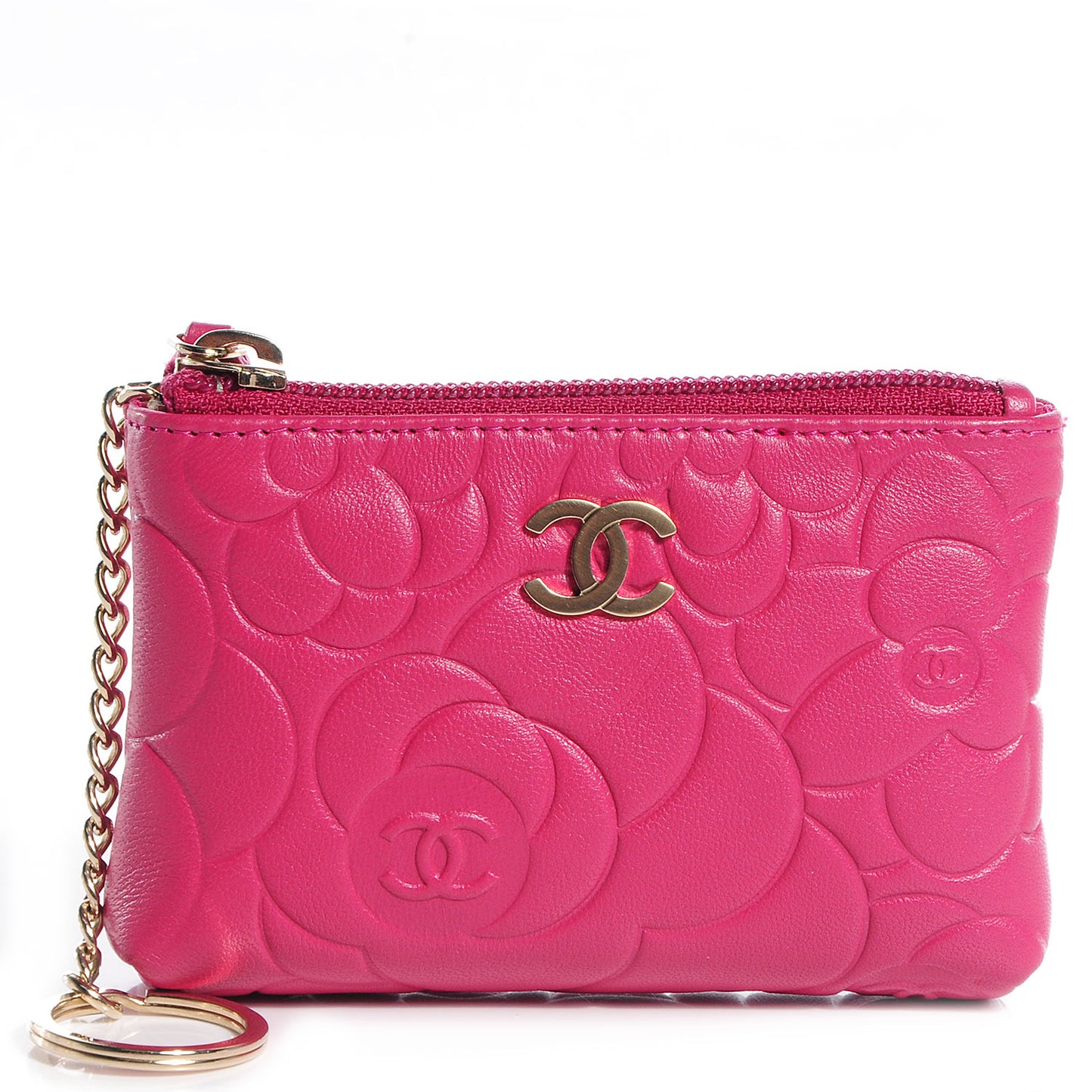 Lambskin Camellia Embossed Key Holder Case Fuchsia