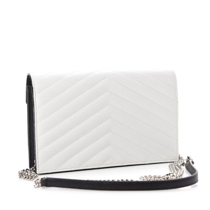 Saint Laurent Grain De Poudre Matelasse Chevron Monogram Envelope Chain Wallet Pearl White Black 3 of 10