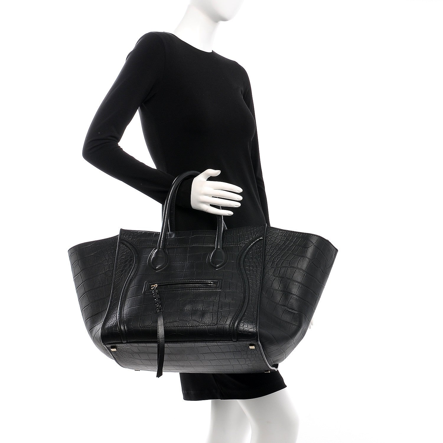 Celine Crocodile Embossed Calfskin Large Phantom Luggage Black 2 of 9