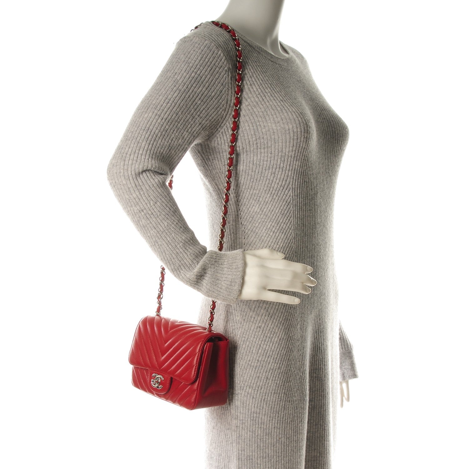 Chanel Caviar Chevron Quilted Mini Square Flap Dark Red 2 of 7